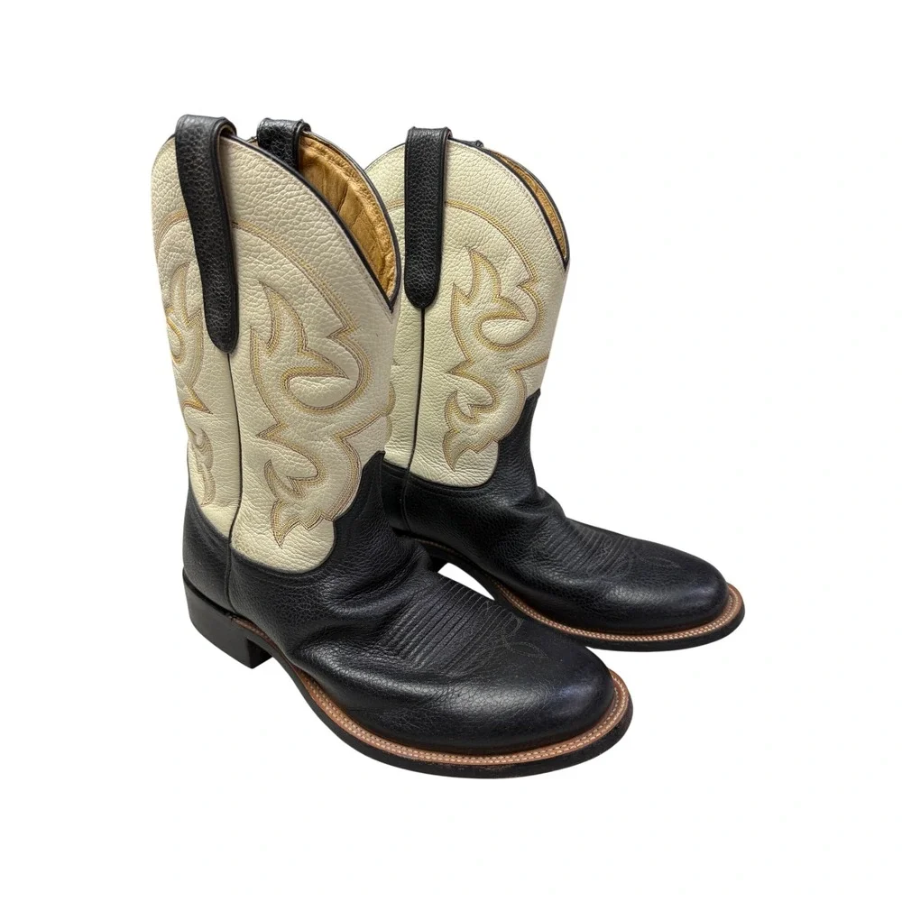 Hondo Two Tone Leather Western Cowboy Boots Black Cream Round Toe 1057 10EE